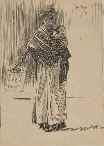 Phil May, British 1864-1903- The vendor; pen and black ink, signed and dated 1897, 18x13cm., (