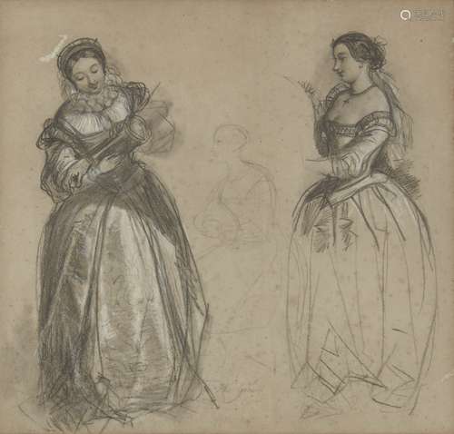 Joseph Nash, British 1809-1878- Two studies of a lady in a Elizabethan costume; black chalk