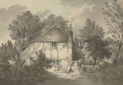 James Bourne, British 1773-1854- A Cottage at Buchanan with pig bench; pen and black ink and wash