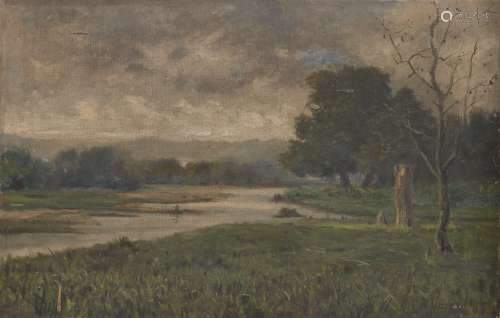 Alexis Cowparet, American 1856-1906- River landscape with woodland and distant hills; oil on canvas,