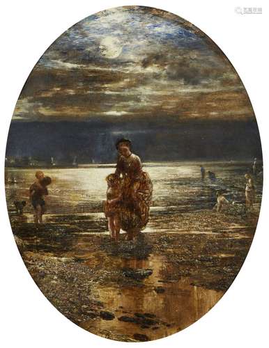 Alfred Joseph Woolmer RBA, British 1805-1892- Evening on the Coast; oil on canvas, feigned oval,