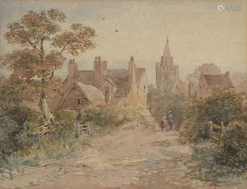 David Cox Jnr., British 1809-1885- Figures on a village lane; watercolour, signed, 24x31.2cm: