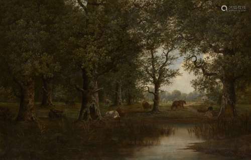 M Kaufman, mid-late 19th century- Cows and horses grazing in wooded landscape; oil on canvas,