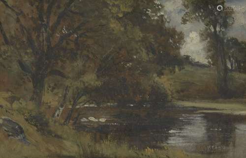 Attributed to Frederick Waters Watts, British 1800-1870- Wooded river landscape; oil on paper,