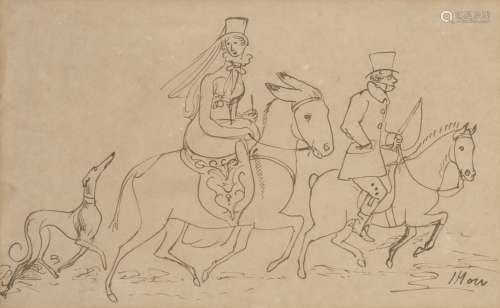 James Howe, Scottish 1780-1836- Couple on horseback with a dog; pen and brown ink, signed, 24x39.2cm