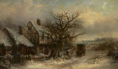 Edward Partridge, British exh 1879-1896- Horse and cart outside an inn on a winter's day; oil on
