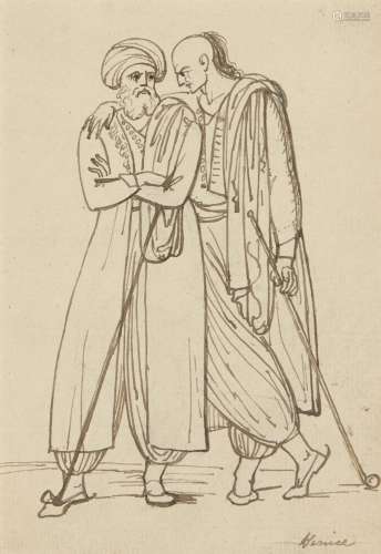Circle of William Havell, British 1782-1857- Two men standing full-length; pen and brown ink,