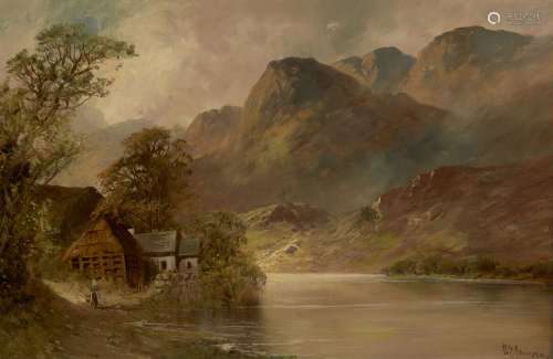 Francis E Jamieson, British 1895-1950- Figure by cottages on the shores of a highland loch and