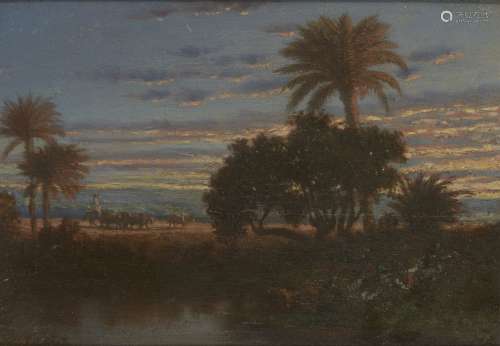 Theodore Frere, French 1814-1888- A shepherd and sheep at an oasis at dusk; oil on panel, signed,