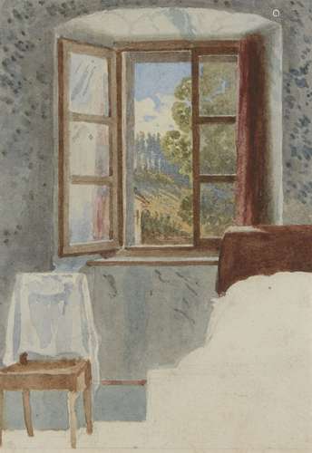 Arthur Glennie RWS, British 1803-1890- View through an open window; watercolour, 15.5x10.7cm: