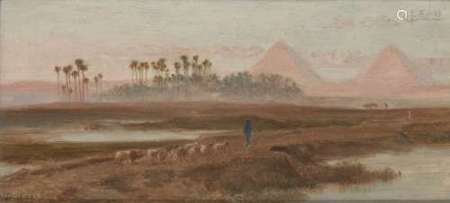 Frederick Goodall RA, British 1822-1904- Shepherd and sheep on a path with the great Pyramids; oil