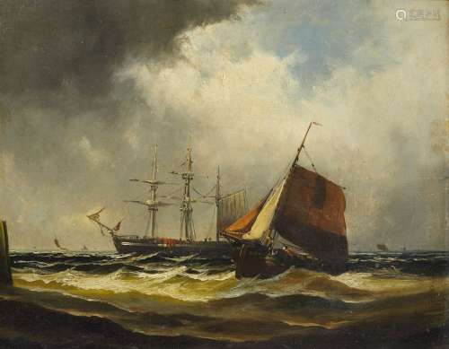 British School, mid-19th century- Shipping scene beneath stormy skies; oil on canvas, 40.7x50.