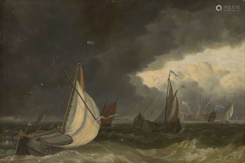 Nicolaas Riegen, Dutch 1827-1889- Off the Dutch Coast in Stormy Weather; oil on card laid down on