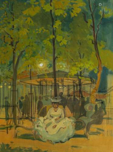 Circle of George Stein, French 1870-1955- Lady seated by a pagoda in a parkland setting at night;