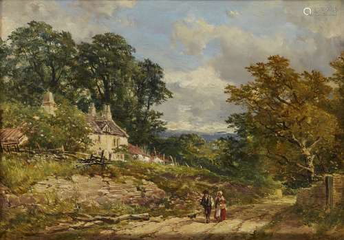 John Syer Snr RI, British 1815-1885- Lane Scene near Bath with Cottage & Figures; oil on mill board,