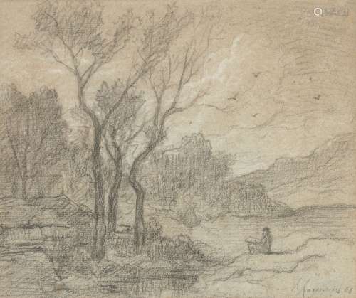 Henri Joseph Harpignies, French, 1819-1916- Paysage; black and white chalk on grey coloured paper,