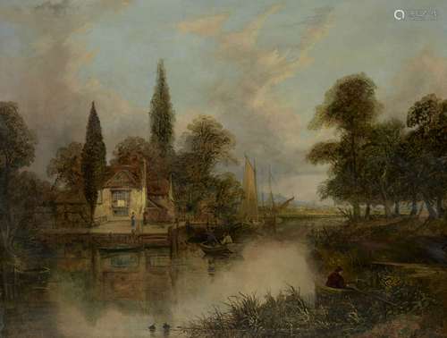 Attributed to Joseph Paul, British 1804-1887- River landscape with sail barges and a cottage with