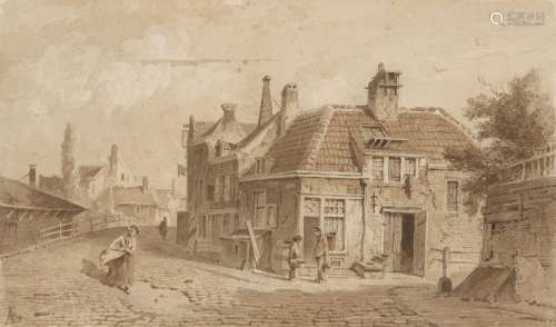 Adrianus Eversen, Dutch 1818-1897- Figures in a Dutch Town; pen and brown ink and wash with