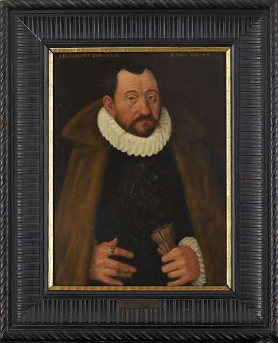 German School, mid 16th century- Portrait of Dr Hieronymus zum Lamm, half-length, in a fur-lined