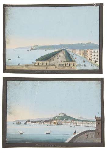 Neapolitan School, 19th century- Villa Reale di Napoli e Napoli del Carmine; gouache on paper,