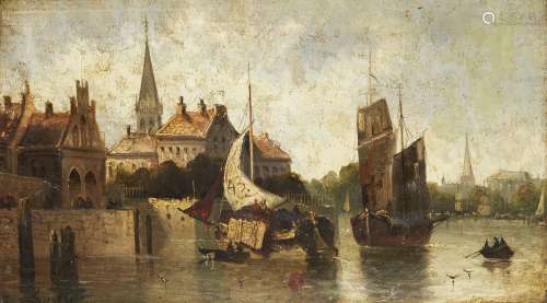 August von Siegen, German 1850-1910- Moored shipping in a Continental harbour; coastal scene with