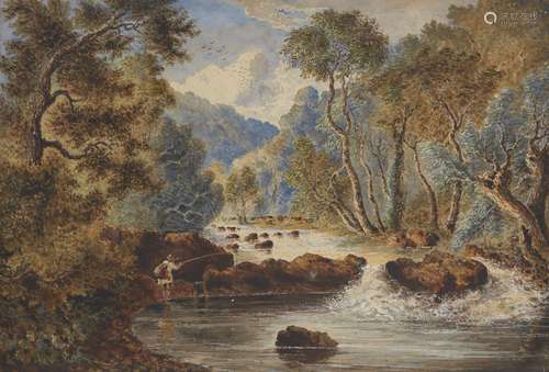 Attributed to John Murray Ince, British 1806-1859- Man fishing in rapids in a river with woodland