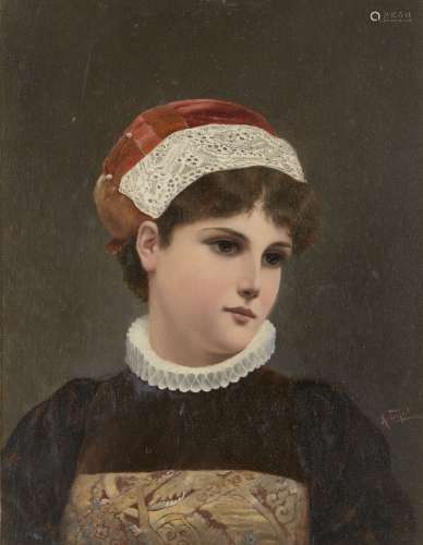 Alfred Seifert, Czech 1850-1901- Portrait of a girl, quarter-length in an embroidered dress and lace