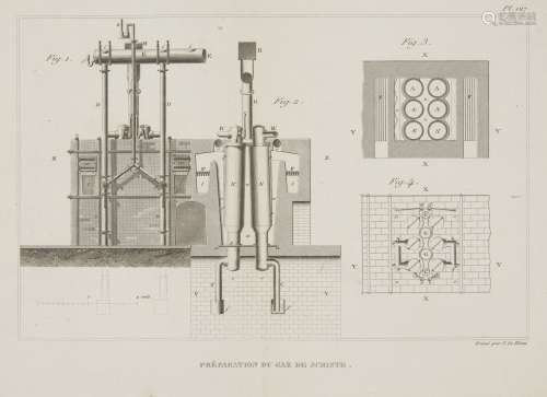 A le Blanc, French act.1819- Preparation du Gaz de Schiiste; copper engraving, 23.5x32cm: together