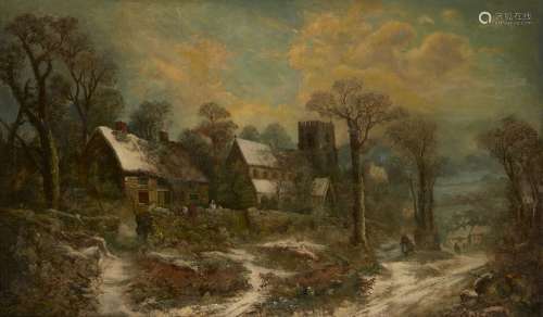 William Stone, British 1842-1913- Cottage and church in a wooded landscape in winter; oil on canvas,