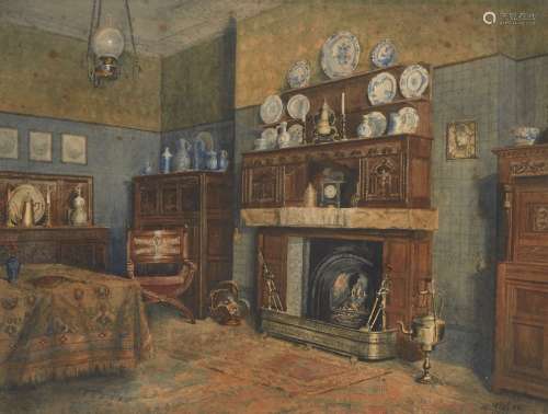 William John Wainwright RWS RBSA, British 1855-1931- Interior scene with a fire place an delft
