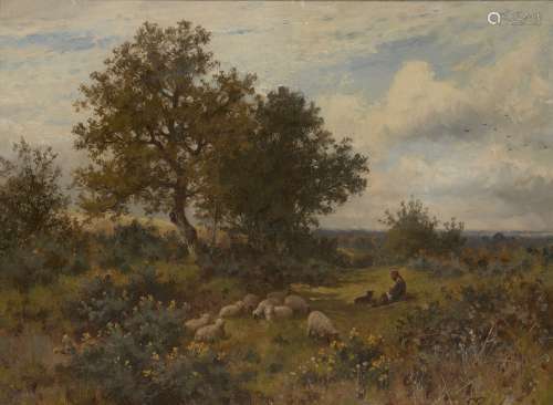Joseph Paulman, British, mid-late 19th century- Shepherd resting with a flock of sheep on