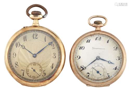 An early 20th century gold open face keyless pocket watch and a 9ct gold open face pocket watch, the