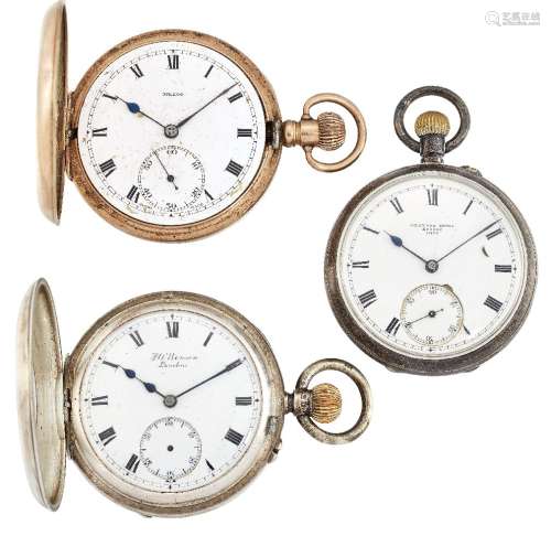 A 9ct gold open face demi hunter keyless pocket watch by Nallog and two silver keyless pocket