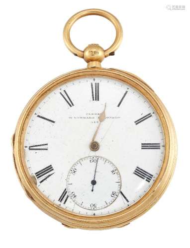 An 18ct gold open-face pocket watch, the white enamel dial with Roman numerals and gilt hands (