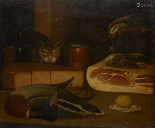 British Naive School, mid-19th century- Cat at a table in a larder; oil on canvas 50.5x60.7cm: