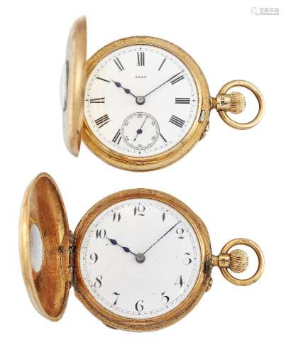 Two 18ct gold demi-hunter case keyless wind fob watches, the first with white enamel dial with