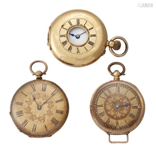 Three 19th century gold fob watches, comprising a Swiss gold demi hunter pocket watch, the white
