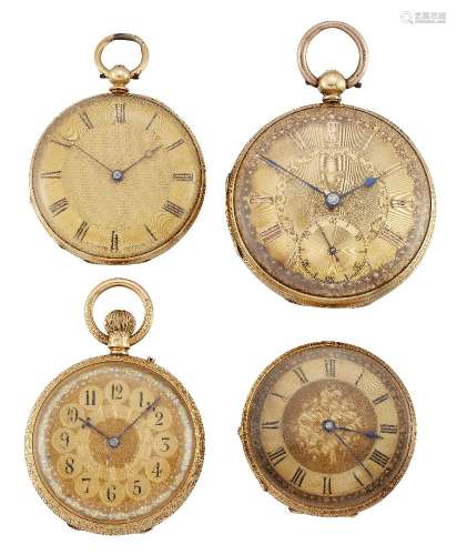 Four 19th century gold open face fob watches, the comprising: an 18ct gold open face fobwatch, the