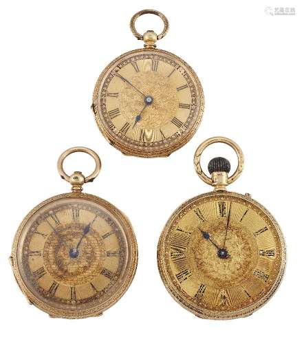 Three 19th century gold open face fob watches, comprising: an 18ct gold fob watch, the engraved dial