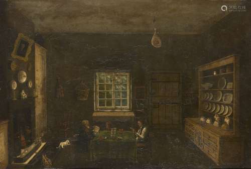 British Primitive School, mid-late 19th century- Interior scene with a family playing cards; oil