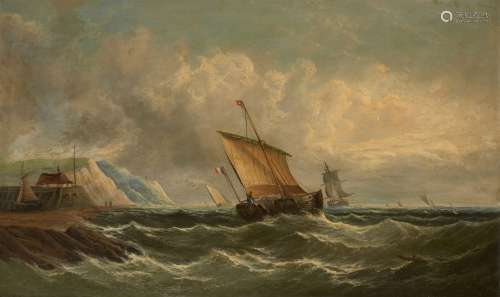 John Ray, British, mid-late 19th century- Shipping off a headland in stormy weather; oil on