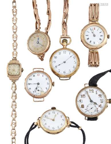 Seven various gold wristwatches, comprising: a late 19th/early 20th century gold open face keyless