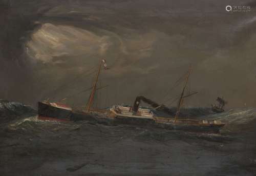 Attributed to Marie-Edouard Adam, French 1847-1929- Sail and steamship in a storm; oil on canvas,