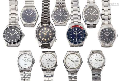 A group of nine stainless steel wristwatches by Seiko, comprising: six various automatic day date