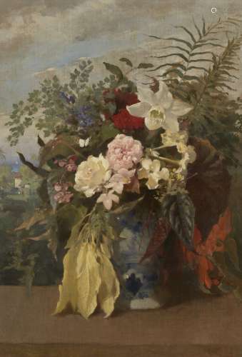 British School, mid-late 19th century- Floral still life with an Equatorial landscape beyond; oil on
