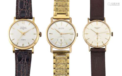 Three mechanical wristwatches, comprising: one by Longines, the circular dial with baton hour