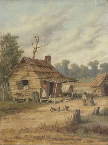 William Aiken Walker, American 1839-1921- A cabin scene with children and chickens; oil on board,