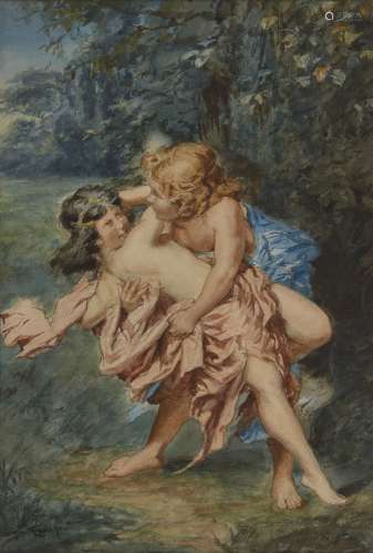 Benez Knupfer, Czech 1844-1910- A Nymph and a Satyr; watercolour heightened with gouache, signed,