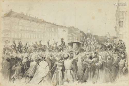 Franz Teichel, German b.1861- Procession of Alexander II; pencil, ink and wash, heightened with