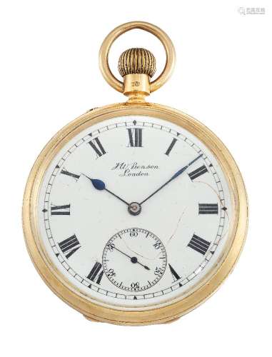 An 18ct gold open face keyless pocket watch, the white enamel dial with Roman numerals and